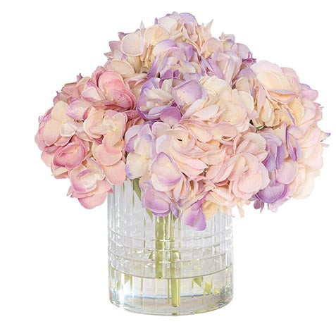 Mixed Pink Hydrangeas in Cut Glass Vase