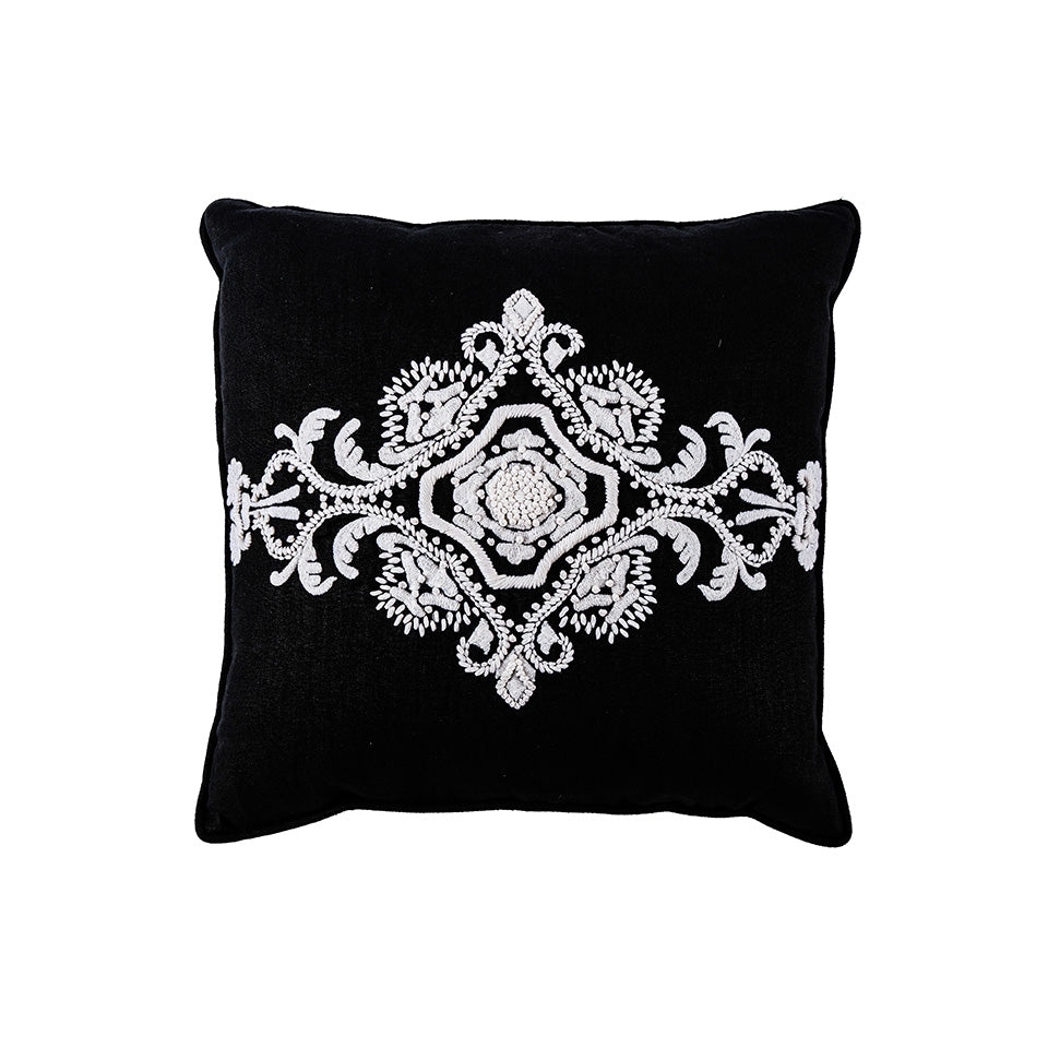 Embroidered Scroll on Black Linen Pillow