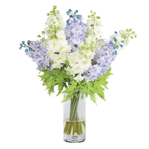 Blue and White Delphiniums in Tall Vase